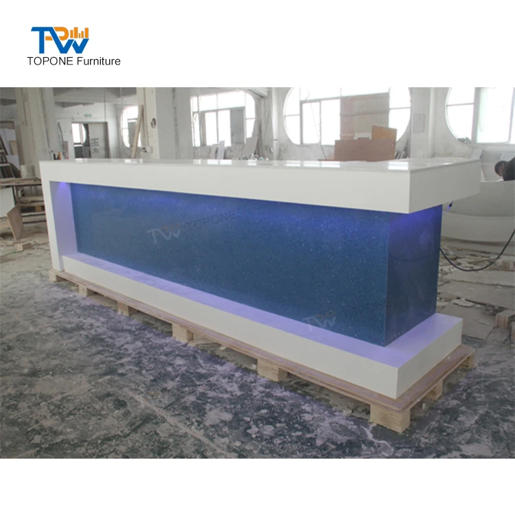 l Shape Blue Led Lighted Quartz Stone Restaurant bar Counter with Back Cabinet