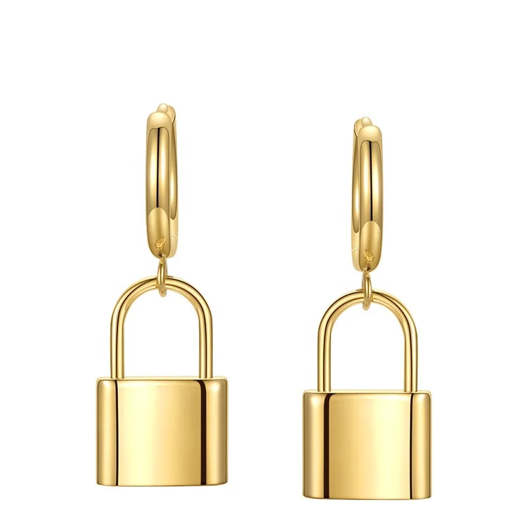 High Quality 18K Gold Plated Stainless Steel Jewelry Drop Lock Padlock Pendent Hoop Earrings E211264