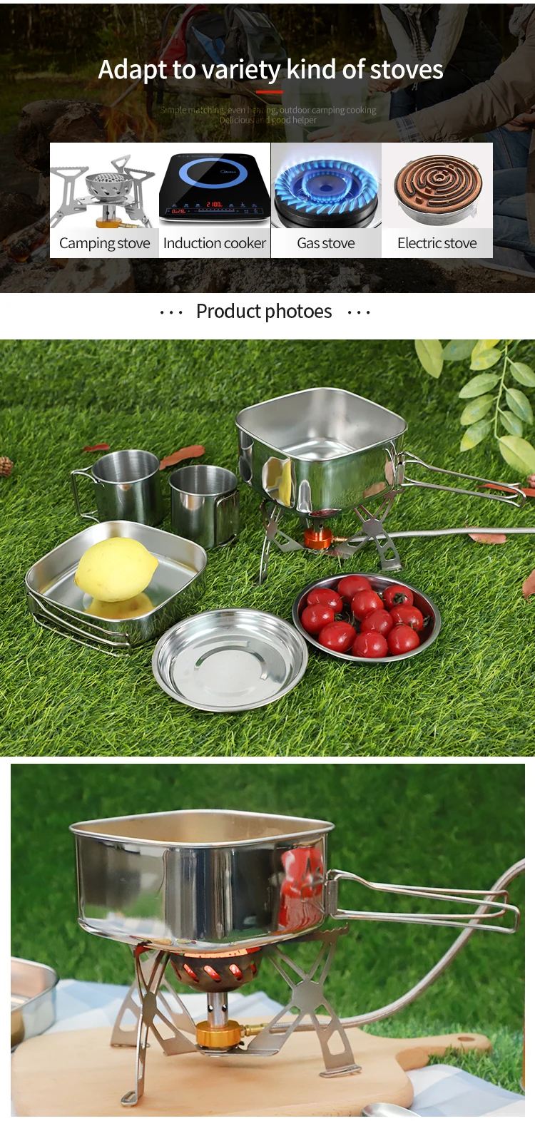 Stainless Steel Camping Cook Set Equipment Pot Cookware Other Camping