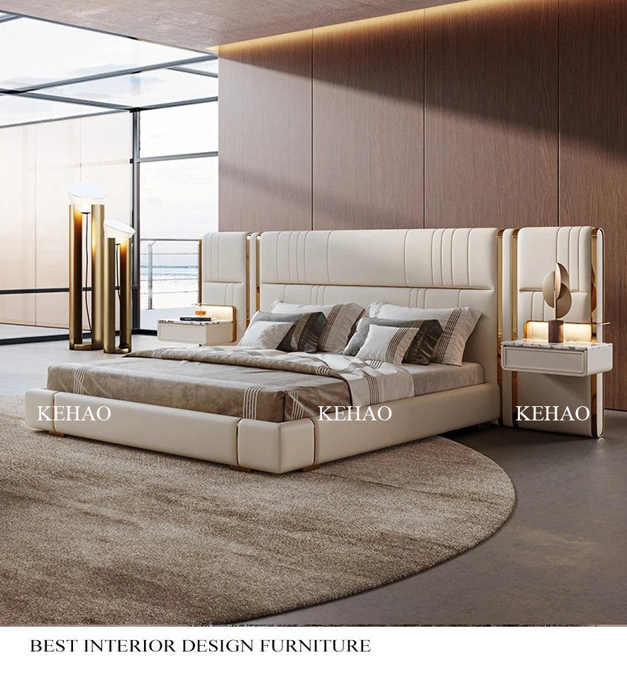 New Style Modern Luxury Villa Leather Bed With Nightstand Double Bed