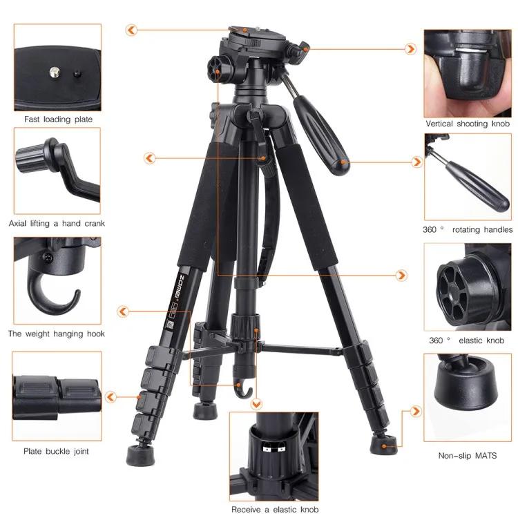 Zomei Q188 Aluminum Professional DSLR Camera Tripod 5-Section Flip Lock Waterproof Shockproof 5KG Load Capacity Portable Bubble
