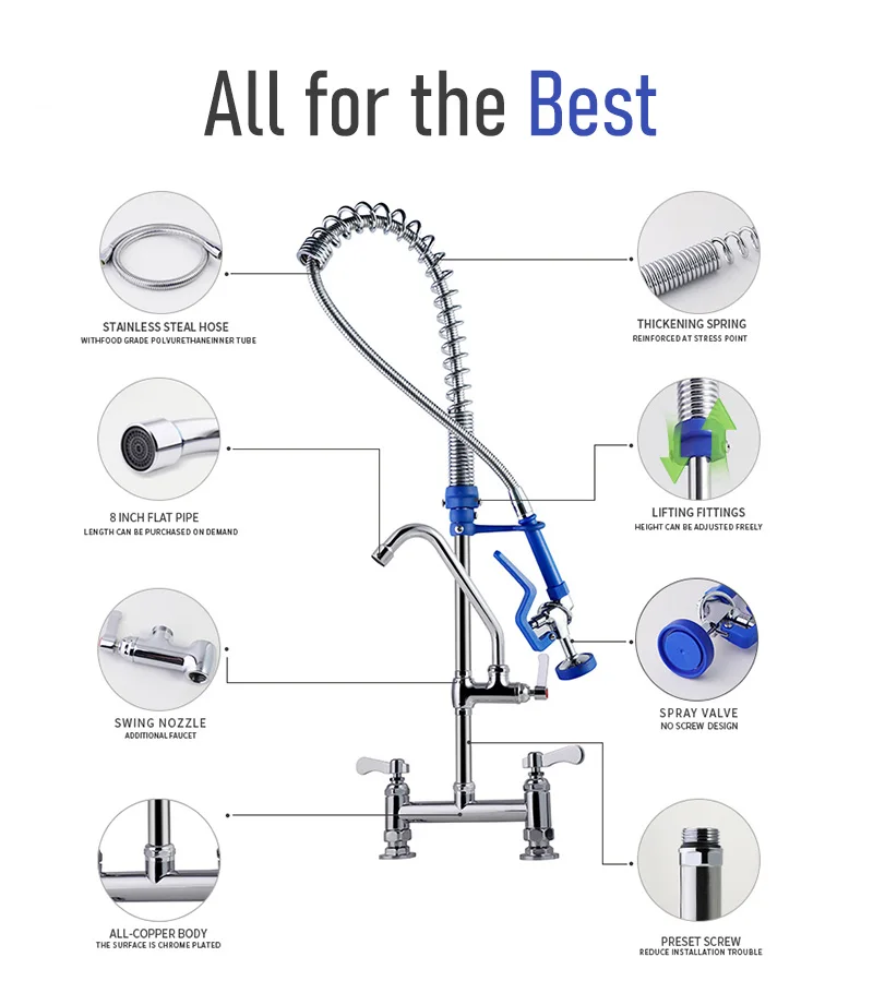 Commercial Kitchen 38\" Spring Deck-Mount Faucet Adjustable Height Swing Spout Pre Rinse Hot Cold Water Mixers Taps 2-Hole factory