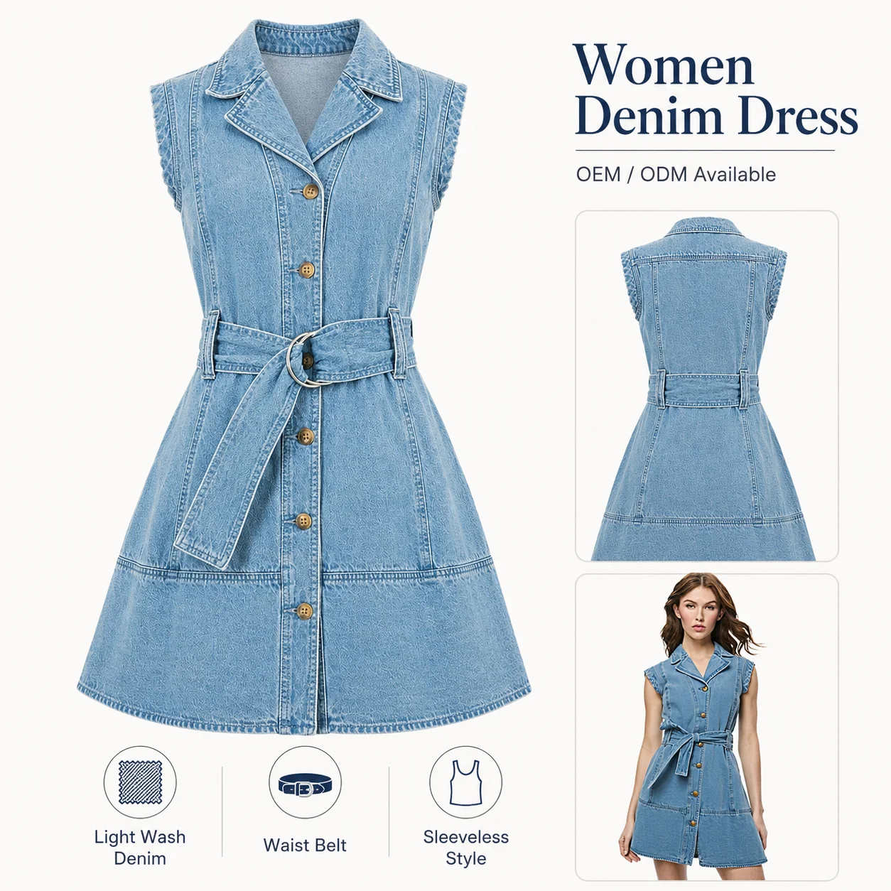 Classic Collar Button Front Skinny Fit Sleeveless Straight Denim Mini Dress for Women Summer Casual Light Wash