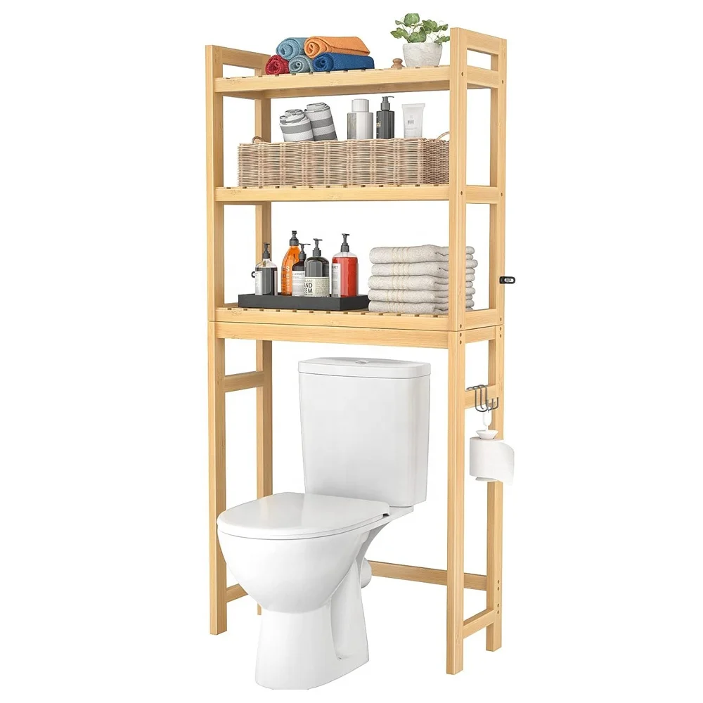 Homykic 3-Tier Bambus Badezimmer regal 3 Haken WC Organizer Rack  Freistehend Einfache Montage Lagerung Kleiner Raum Toilette