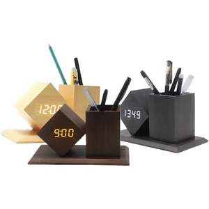 Multifunctional Wooden Cube Pen Holder Student Gift Alarm Clock Light Temperature and Date Display Alarm Clock