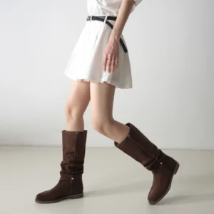 Trendy Casual Dress Shoes for Women Popular Knee-High Slouch Boots with Wide Calfs Ruched Stacked Booties Cowboy Western Style