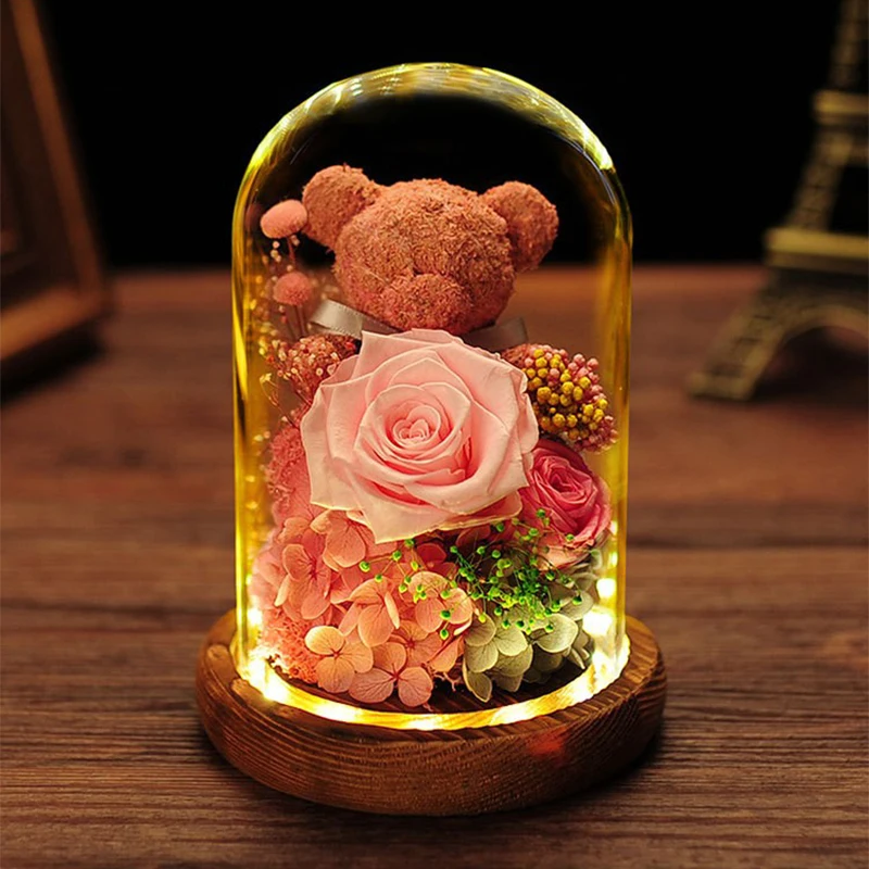 Популярные товары простой стиль вечный цветок цилиндрическая стеклянная крышка с цельной деревянной основой