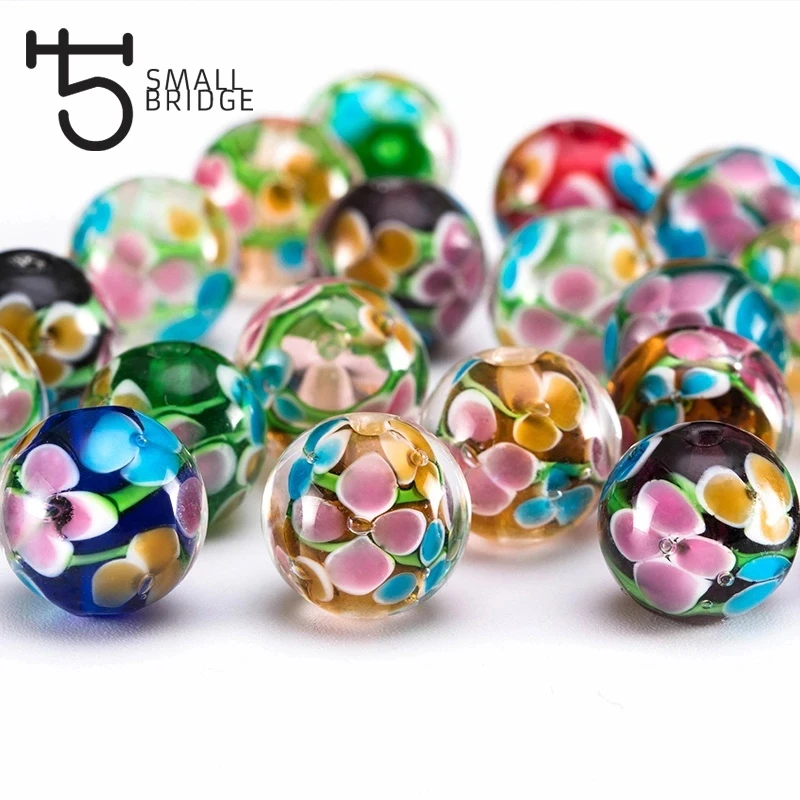 Wholesale 12mm Murano Handmade Lampwork Glass Beads Women's Jewelry Making Diy Beads Flower Transparent Round Beads details