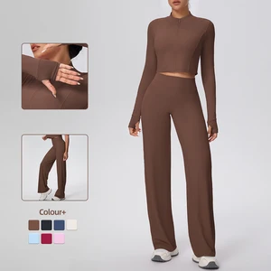 Customised Brand Yoga Set Long Sleeve Zipper Crop Jacket Tummy Control Leggings Naked Feelings Gym Outfits Women Activewear