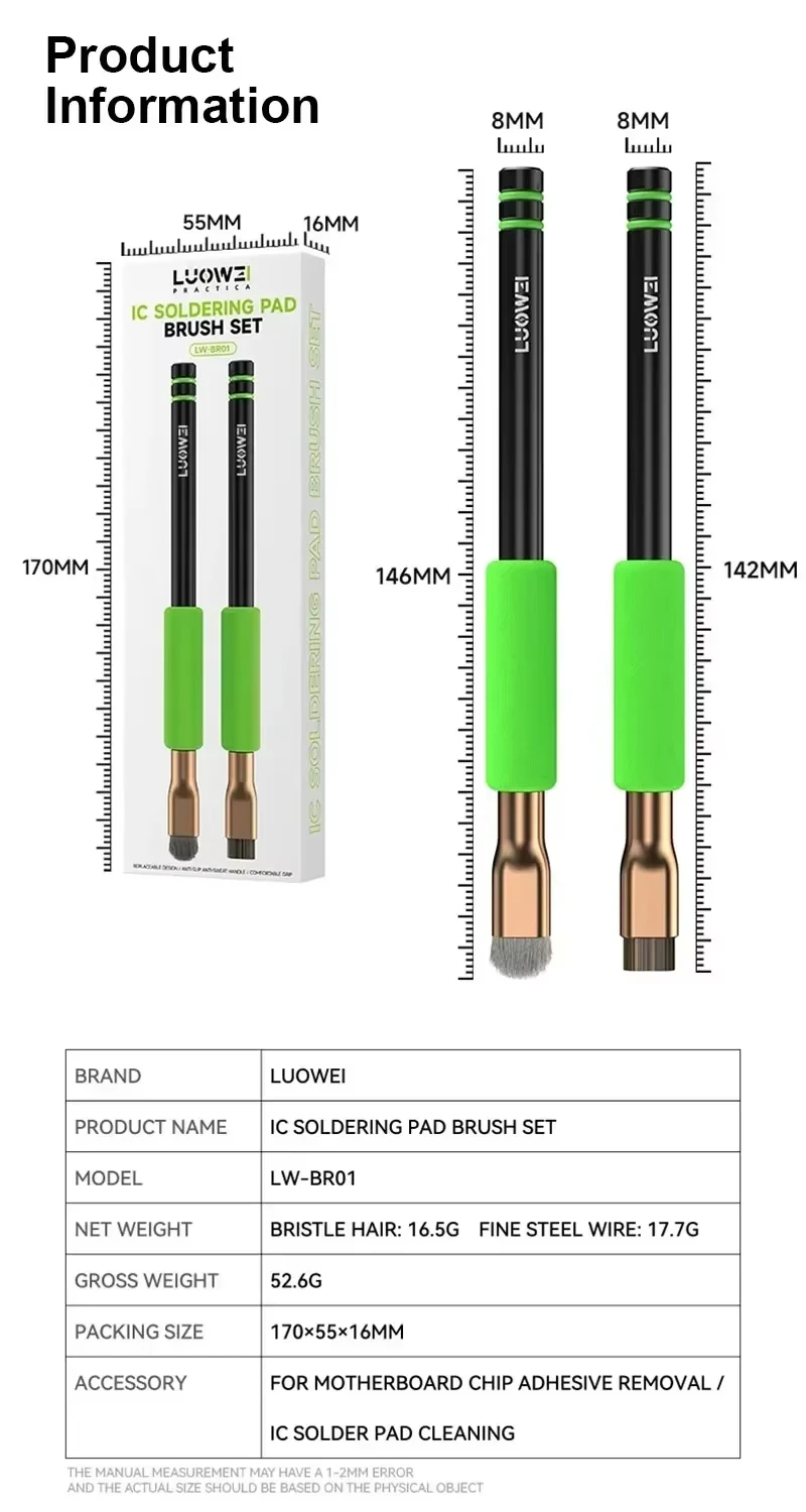 LW-BR01 Anti Static IC Soldering Pad Brush Set Non-Shedding Replaceable Steel Wire Bristle Brush for PCB Motherboard Chip Repair