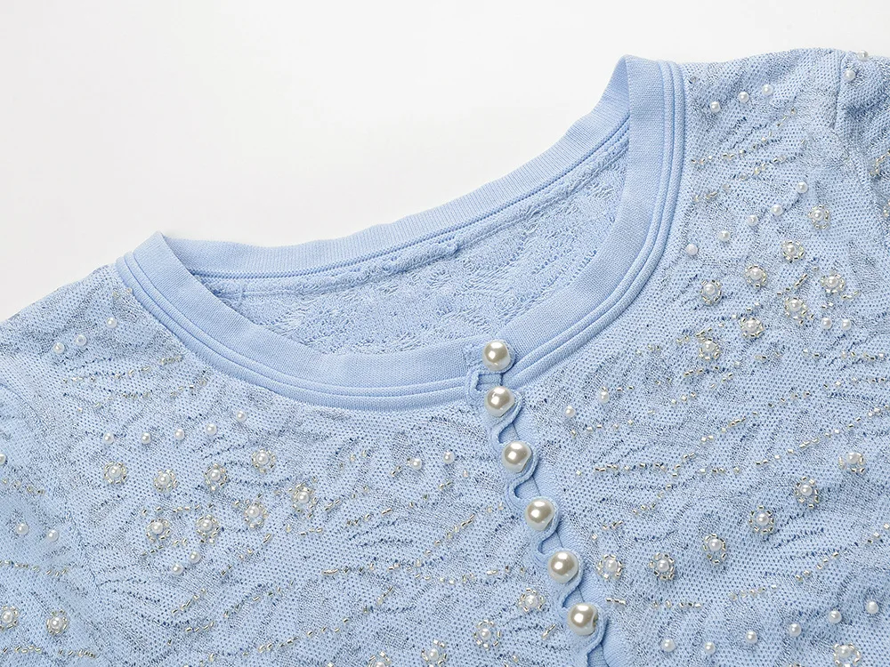 A11787 French Imitation Pearl Neck Dress Spring Commuting Fashion Lace Jacquard Pearl Button Maxi Length One Size Empire
