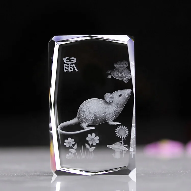 Produit tendance Type animal Rat Cube de cristal gravé au laser 3D représentant une souris