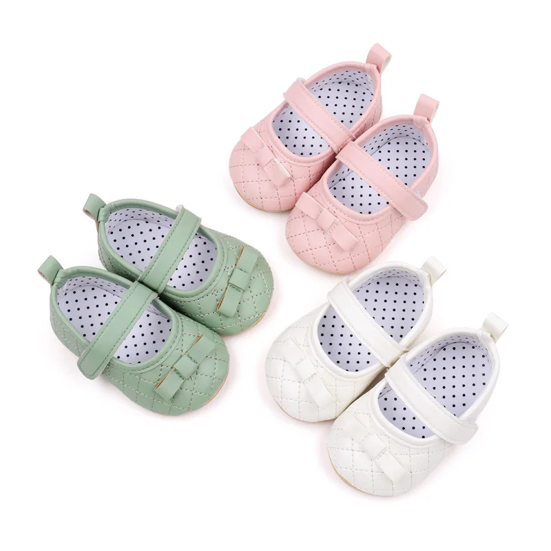 Spring & Summer Solid Color Plaid Bow Non-slip Soft-soled Baby Shoes for Girls