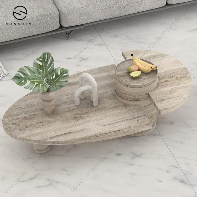 Coffee Table Set Luxury Modern, Contemporary Abstract Style 3 Pieces Fancy Silver Grey Travertine TV Stand Coffee Table