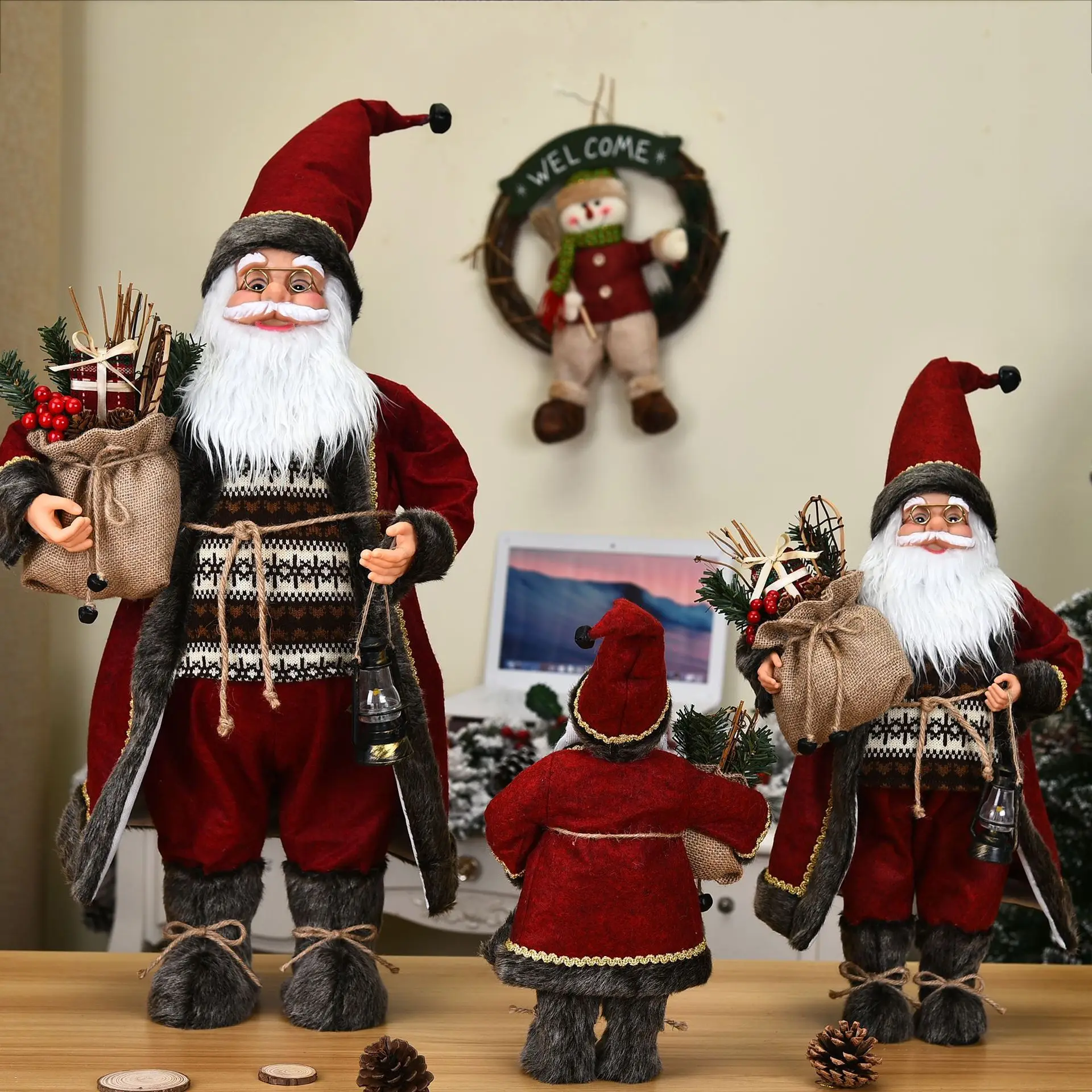 Best Gift 14In Red Holiday Party Home Decoration Santa Claus Christmas Figurine Figure Decor with Christmas Sock and Gifts Bag