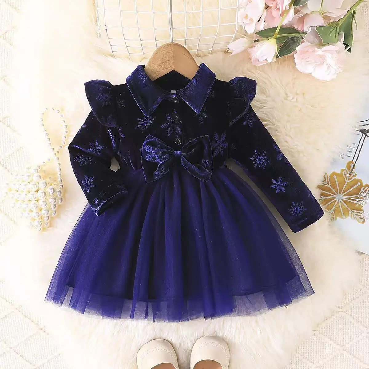 3-36 Months Christmas Velvet Girls Dress Autumn Winter Bow Lace Long Sleeve  Toddler Dresses for Children Casual Style