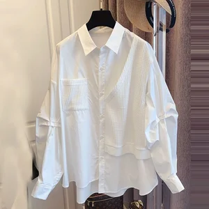 White Black Women's Casual Retro Loose Fit Shirt Spring Autumn Patchwork Waffle Grids Korean Style Woman Clothing