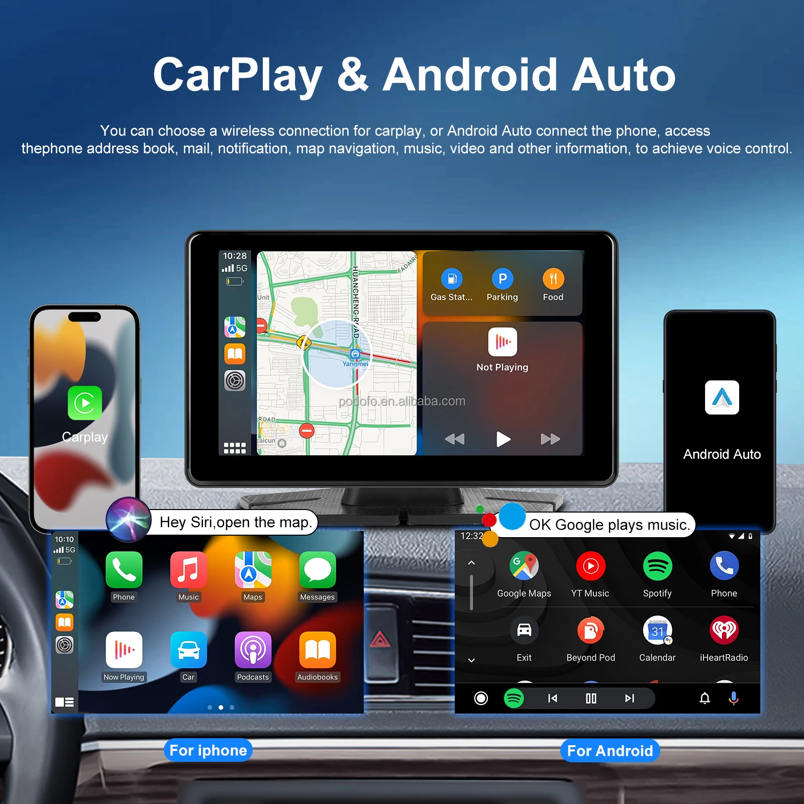 Podofo Portable Wireless Carplay Android Car Radio Pnd 7 Inch Touch ...