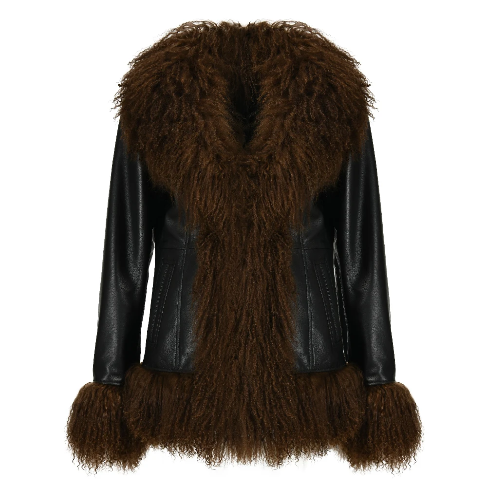 Leather Jacket with Mongolian Lamb Fur Trim at