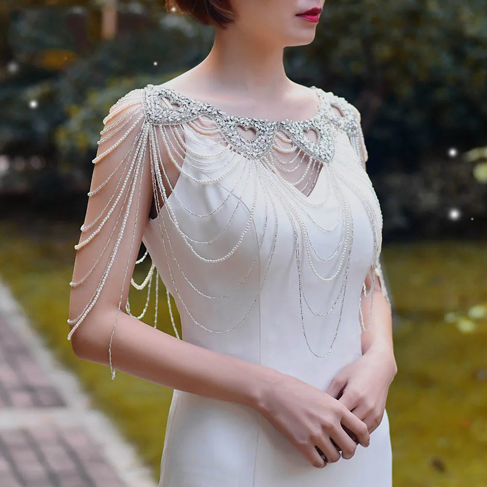 Jachon Hand Beaded Bridal Rhinestone Shoulder Chain Tassel Shawl Wedding  Dress Accessories