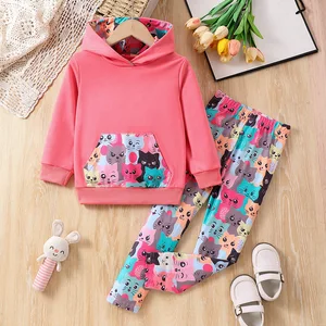 Girls' Spring and Autumn Fashion Long Sleeve Two-piece Children Girl Cute Cartoon Cat Trousers Suit Clothes for Kids