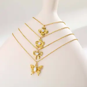 Trendy Tarnish Free Flower Charm Necklaces Women Gold Plated Bowknot Butterfly Pendant Necklace