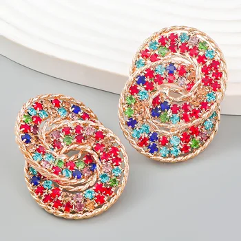 Exaggerated Color Diamond Multilayer Round Buckle Alloy Crystal Inlaid Geometric Fashion Girl stud earrings for woman