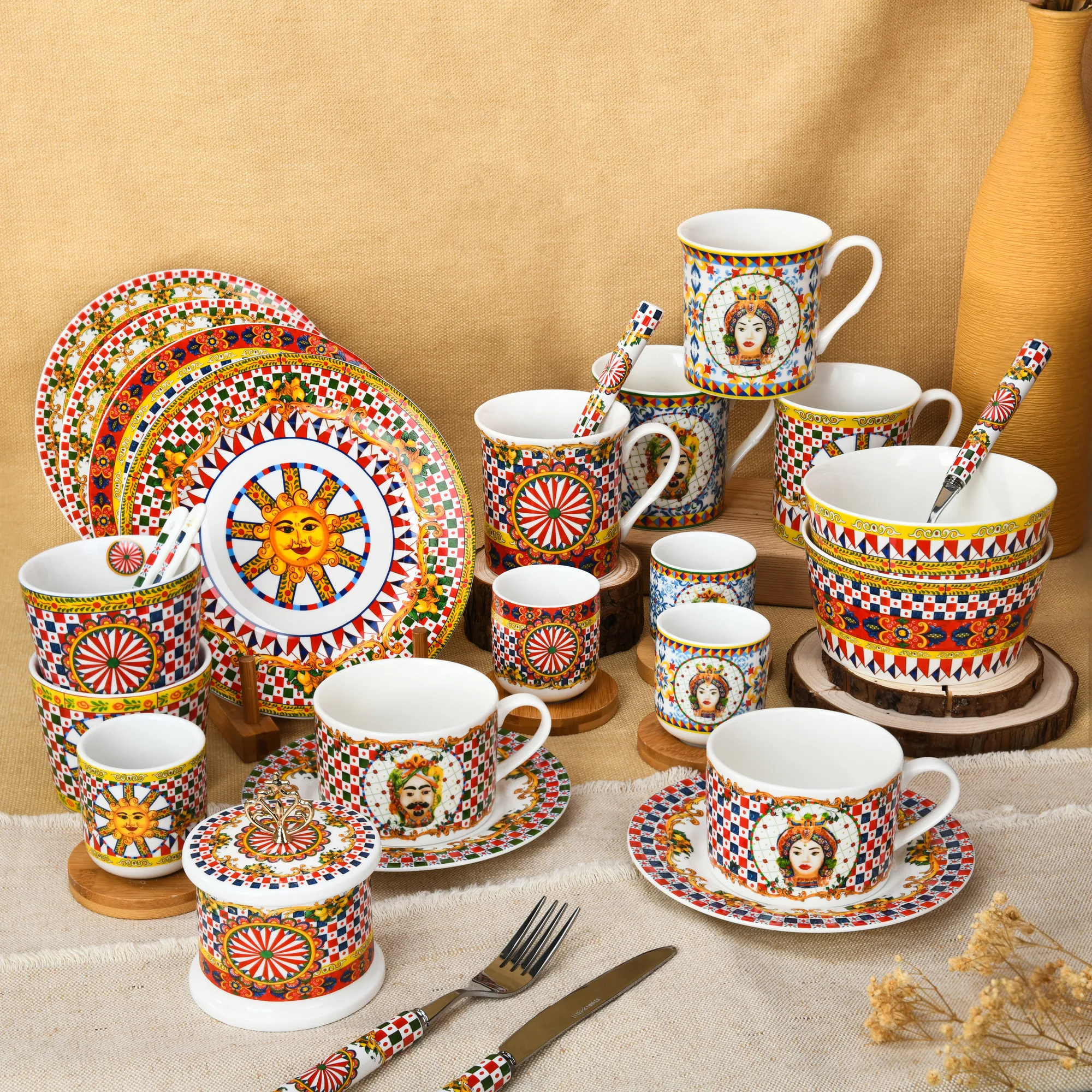 Bone China Multi Coloured Tea Coffee Sugar Canisters Antique Tea