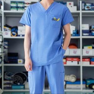 Private Logo Men's Medical Scrubs Short Sleeve Hospital Uniforms Nursing Sets Wholesale Woven Fabric Polyester/Cotton