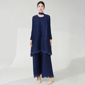 Factory Wholesale Women's Fashion Two Piece Set Designer Stretch Plus Size Top and Pants Set Miyake Pleated Set