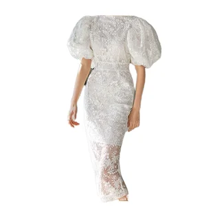 Customize Boutique Wholesale  New Retro Solid Floor-Length Eco-Friendly Bubble Sleeve Lace Embroidery Slim Fit A-Line Dress