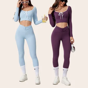 2026 New Women's Crew Neck Lace up Long Sleeve Yoga Set Naked Feel Fitness Workout Outfit for Running Fitness