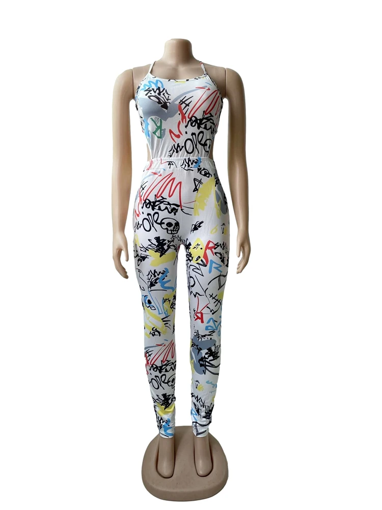 Boutique Female Jumpsuits Sleeveless Graffiti Printed Summer Casual Women Long Rompers