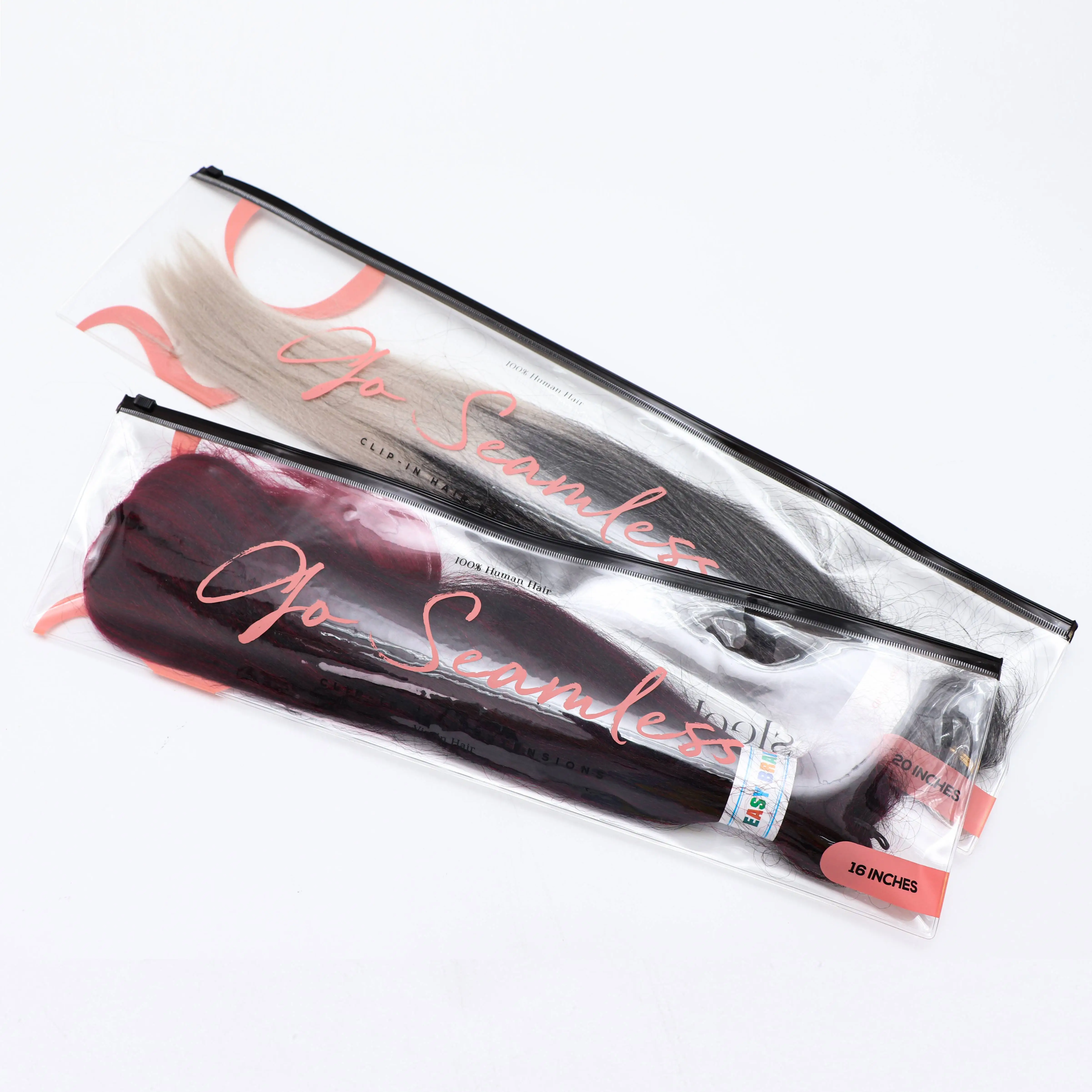 Plastic Clear Hair Extensions Package Custom Printing Wig Bags Hair Packaging Long Size Hair Clip Packaging Zipper Bag