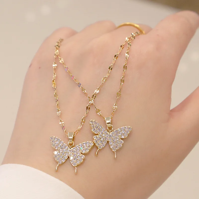 Ouran Butterfly Pendant Necklace With Crystal - Gold/Silver Long Chain Gift For Women