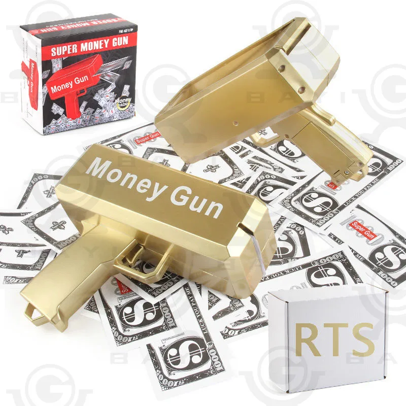 RTS Gold Money Gun Cash Make Cashes Money Rain Gun Toy Shot Spray Real  Golden Money Gun for Party Custom Logo