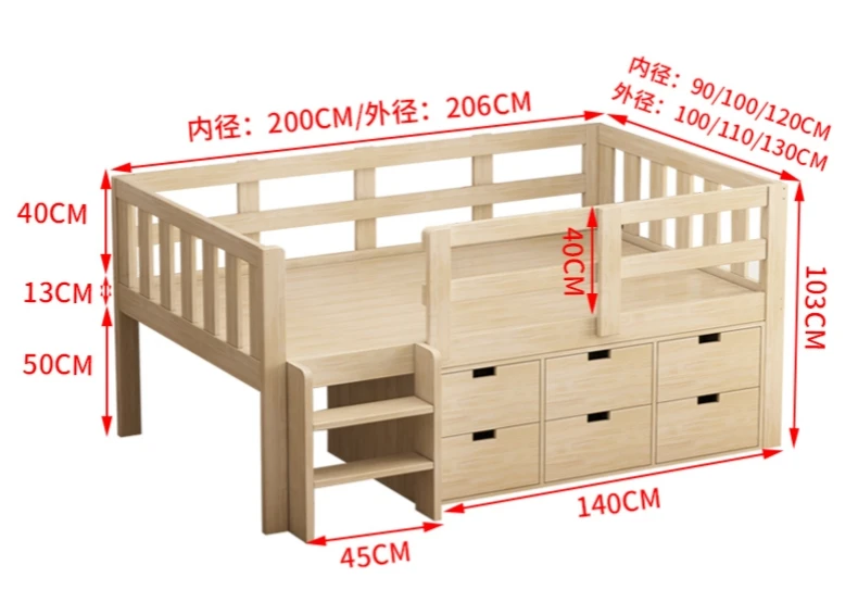 Multifunctional Modern Low Loft Bed with Cabinet and Drawers for Kids Play School Hotel & Apartment Use Wooden Bed