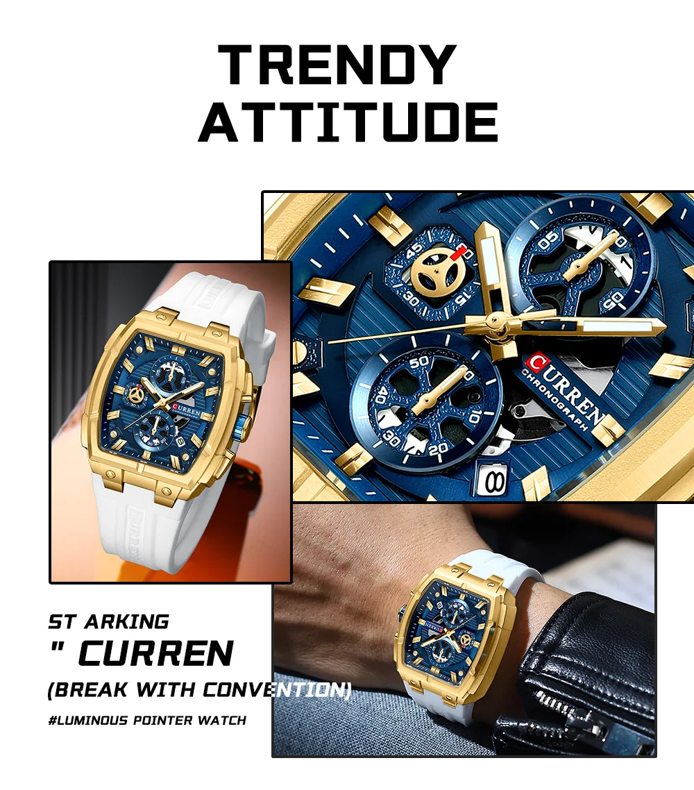 CURREN 8488 Men's Watches Luxury Square Quartz Wristwatch Waterproof Luminous Chronograph Watch for Men Date Clock