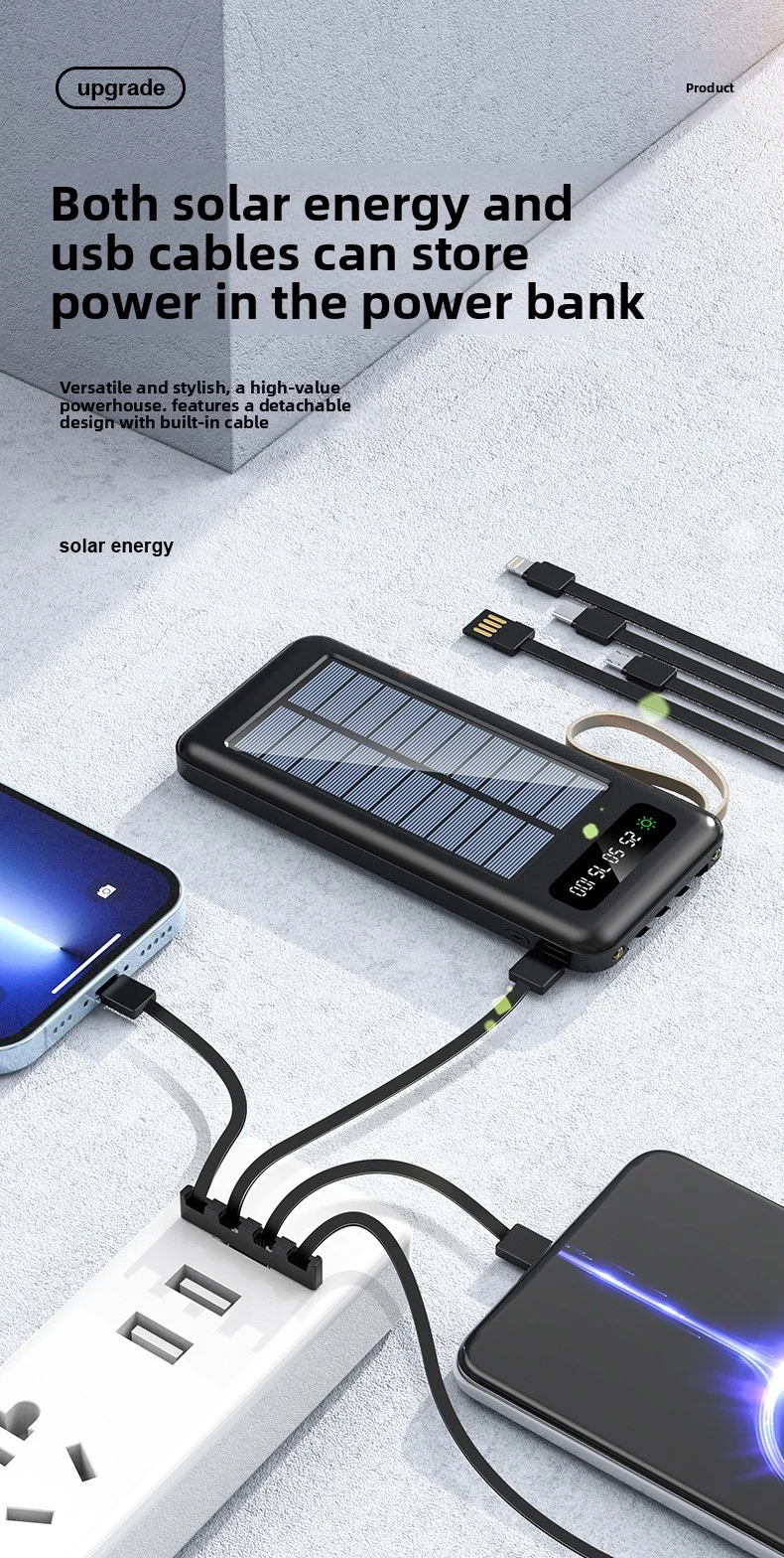 Top-Rated Portable Solar Power Bank with LED Display 4 Built-In Charging Cables LI-Polymer Battery-Best Seller