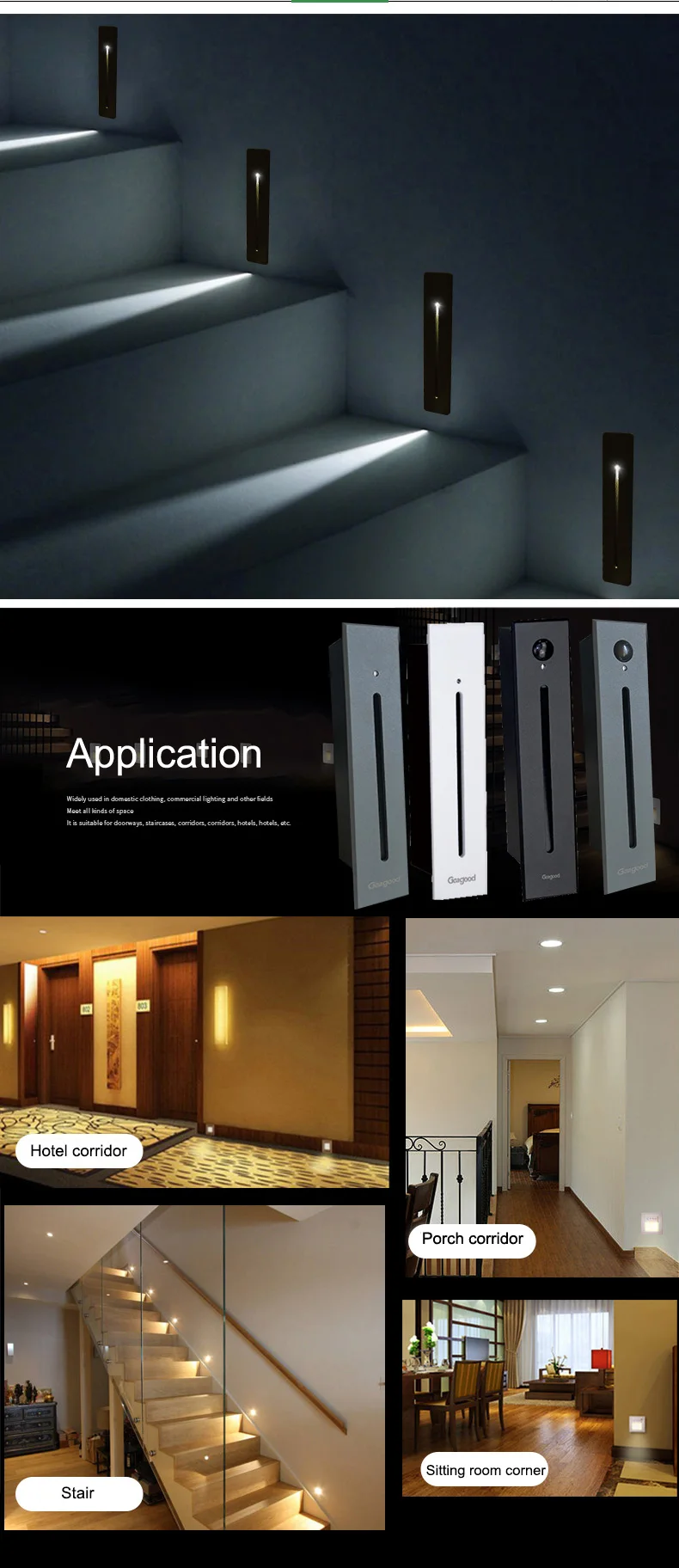Geagood Modern Design Aluminum Indoor Recessed Wall Foot Lamp Led Stair  Step Light, image size:790x1824