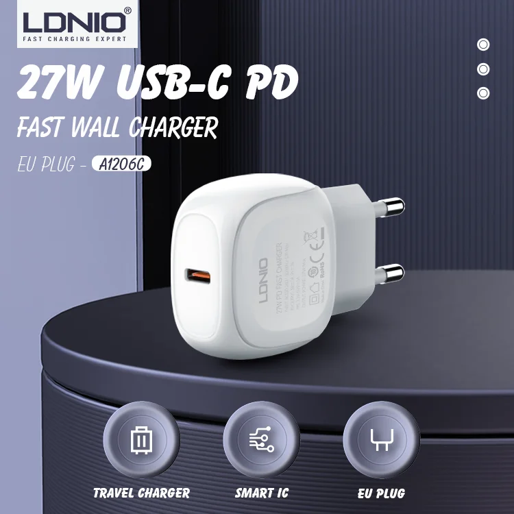 LDNIO A1206C Original USB Type C Cable Charger EU Plug PD 27W Fast