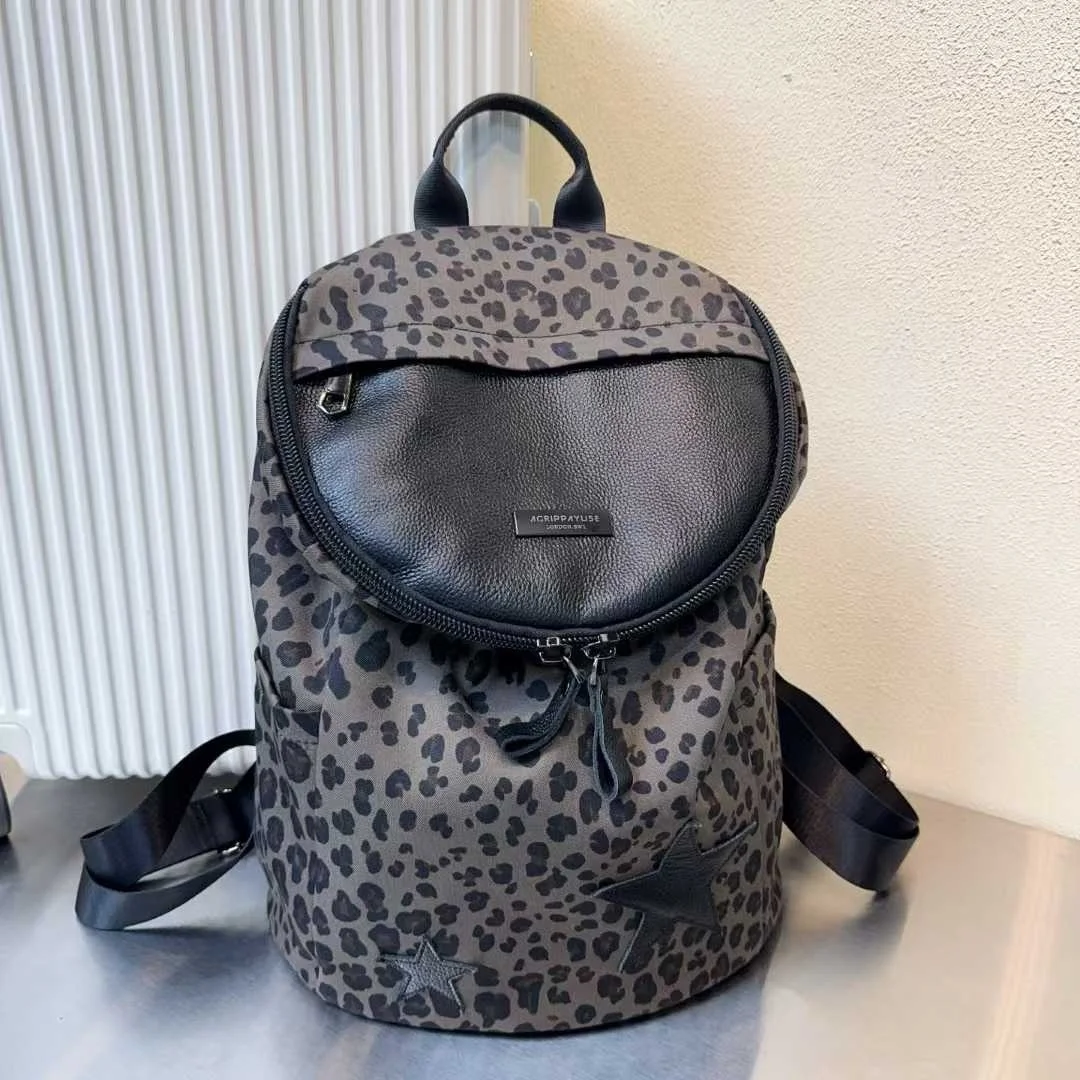 LIng Yu Trendy Women’s Bohemian PU Canvas Leopard Print Backpack Personalized Bucket Large Capacity 25-50L Travel Bag Zippered