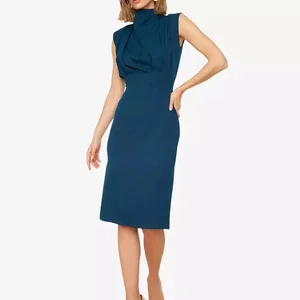 ODM Office Lady Formal Dress Solid Mock Neck Sleeveless Knee Length Gathered Elegant Work Dress Women's Dresses