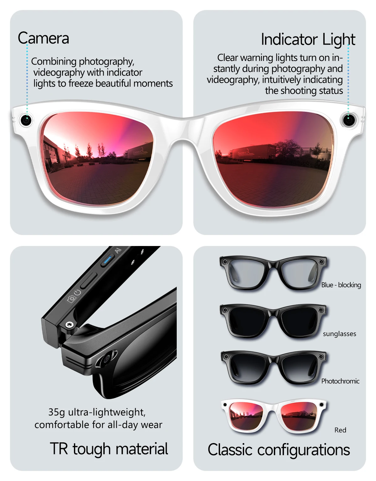 Smart Glasses with Camera ENC Noise Reduction WiFi Image Transmission AI Chatgpt Smart Glasses with Camera and BT Call