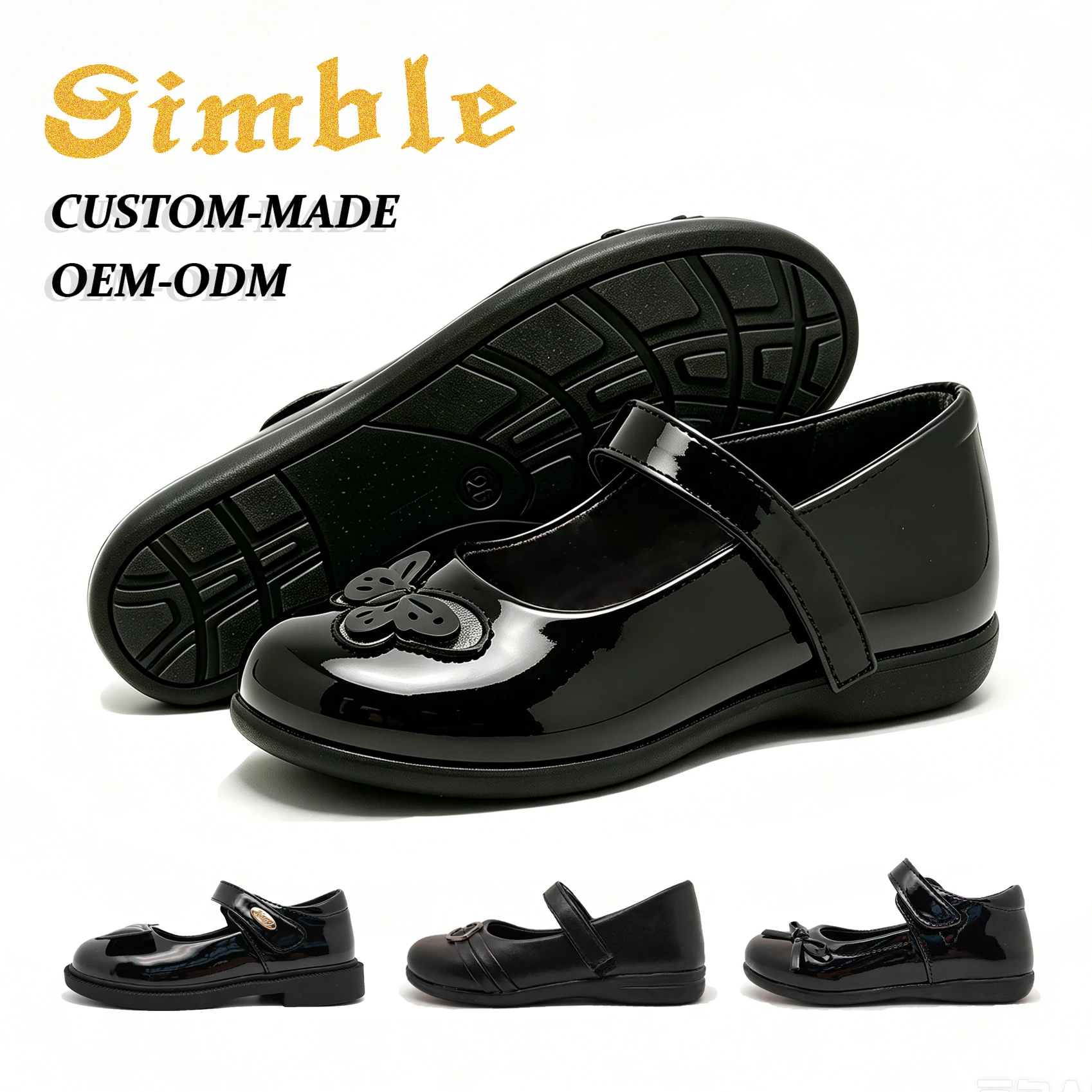 Customized Black Girls Small Leather Shoes Rubber Sole Glossy PU Butterfly Decoration Kids Back to School Shoes