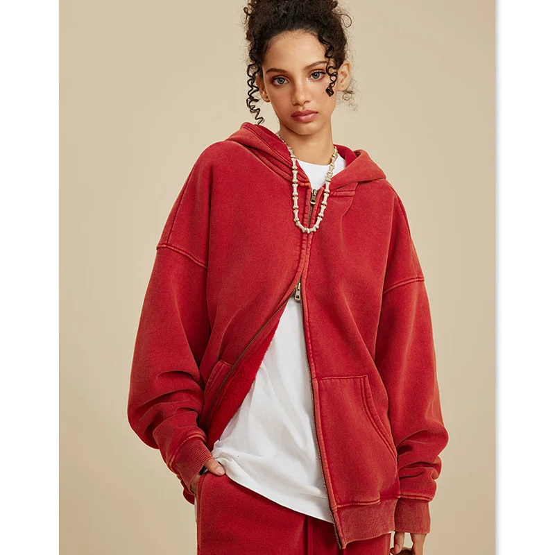 AU Custom Men's Fall/Winter Fleece Hoodie Retro Long Sleeve Zip-Up with Double Zipper Over-sized Fit Dye-Washed Solid Pattern