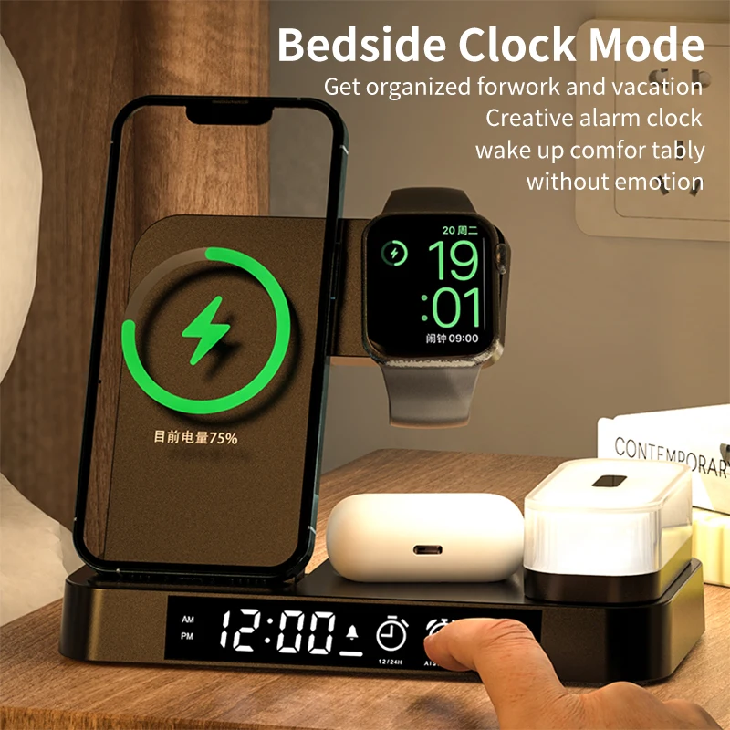 15W 4 in 1 Magnetic Digital Alarm Clock Wireless Charger Stand 3 in 1 Foldable Wireless Charger With RGB Lamp Night Led Light