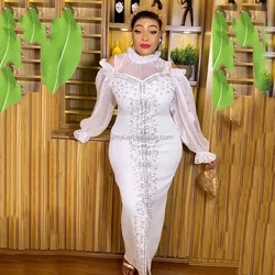 Hot Selling White African Dresses Designs Mesh Gauze South Africa Dress Rhinestone African Kitenge Designs Skirt