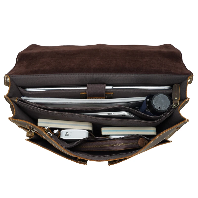 Custom Logo Retro Vintage Men Large Capacity Crazy Horse Genuine Cow Leather 17 Inch Laptop Bag Briefcase for Men