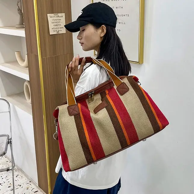 HANFEIZI Women Colorful Stripe Travel Overnight Crossbody Bag Short Distance Trip Bag with Handles